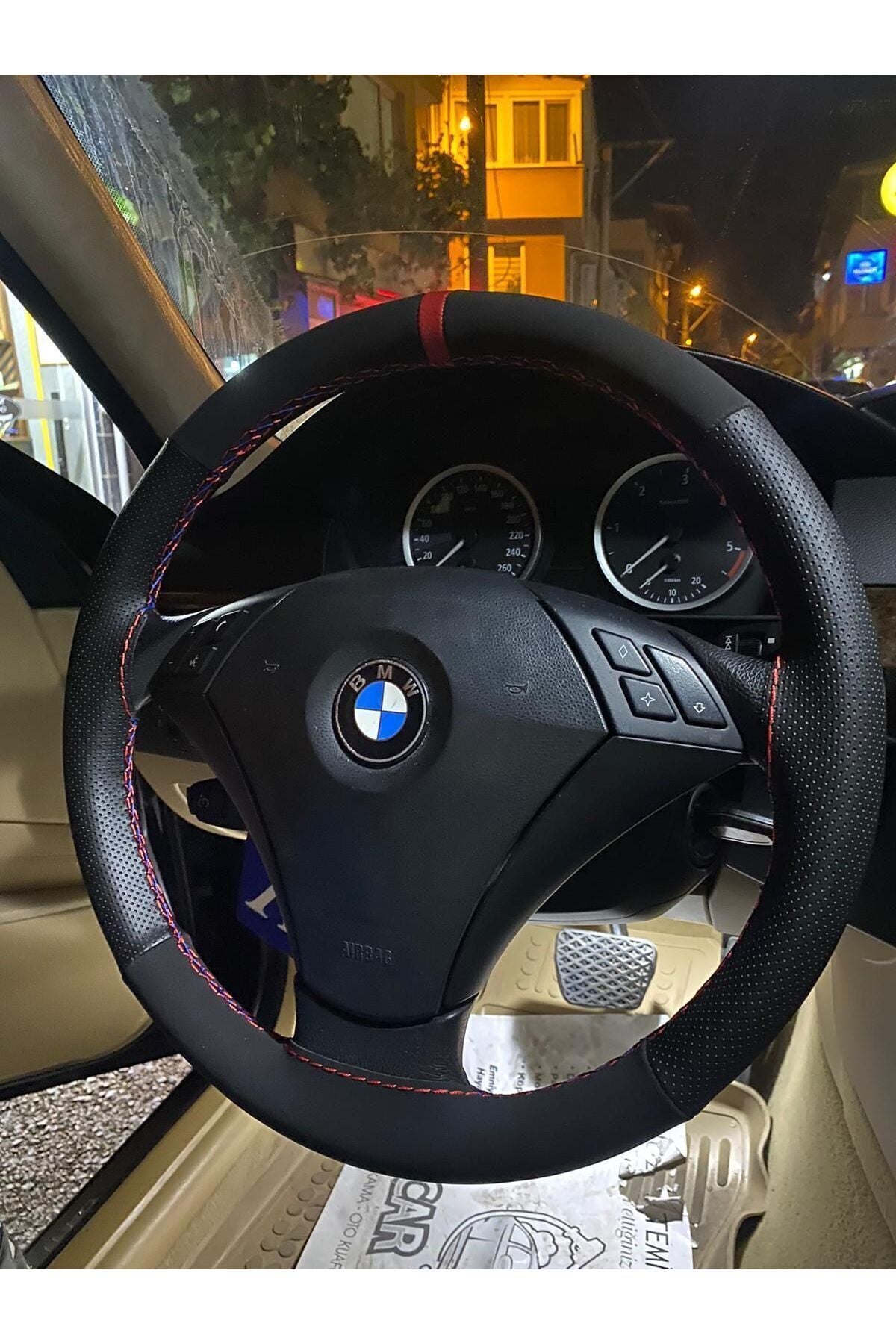 Dikişli Deri Direksiyon Kılıfı Noktalı Nubuk Kırmızı Yüzük Kırmızı Dikiş Bmw E60 İçin