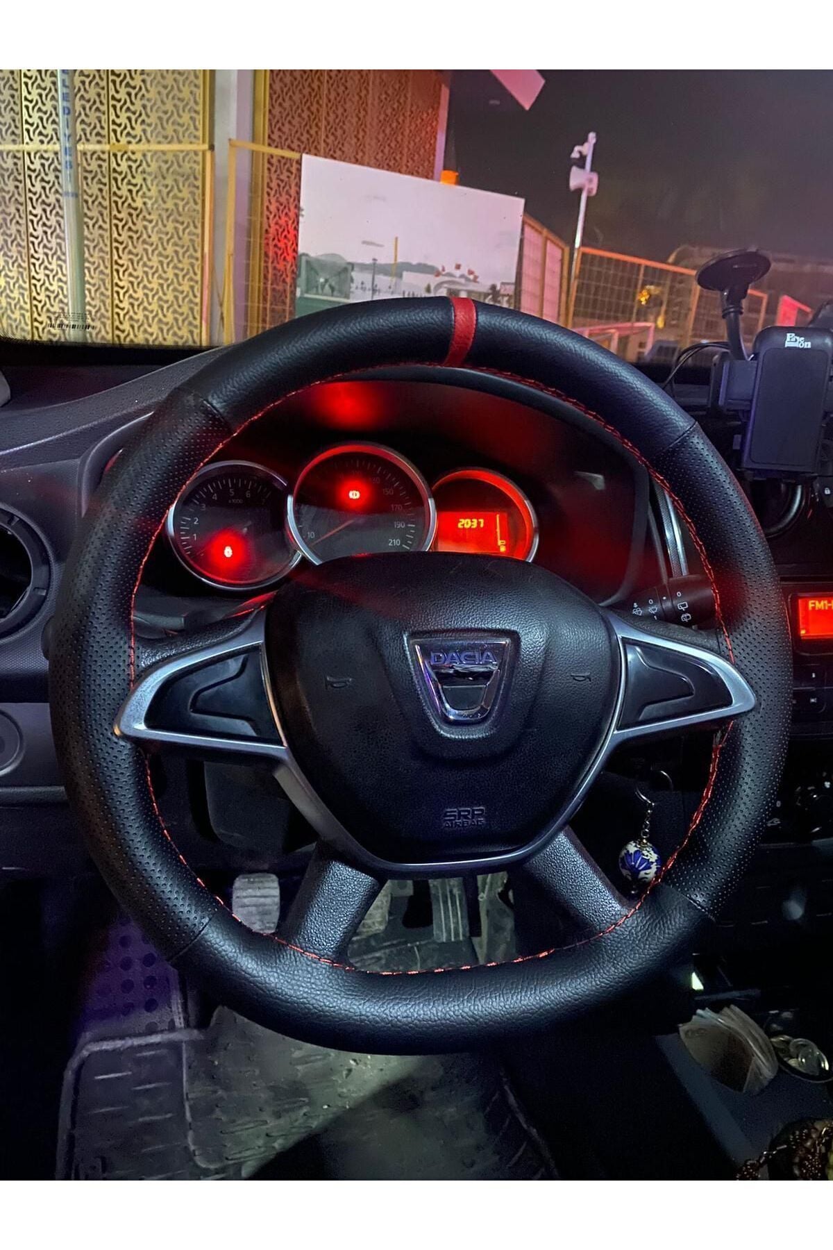 Dikişli Deri Direksiyon Kılıfı Noktalı/damarlı Kırmızı Yüzük/dikiş Dacia İçin