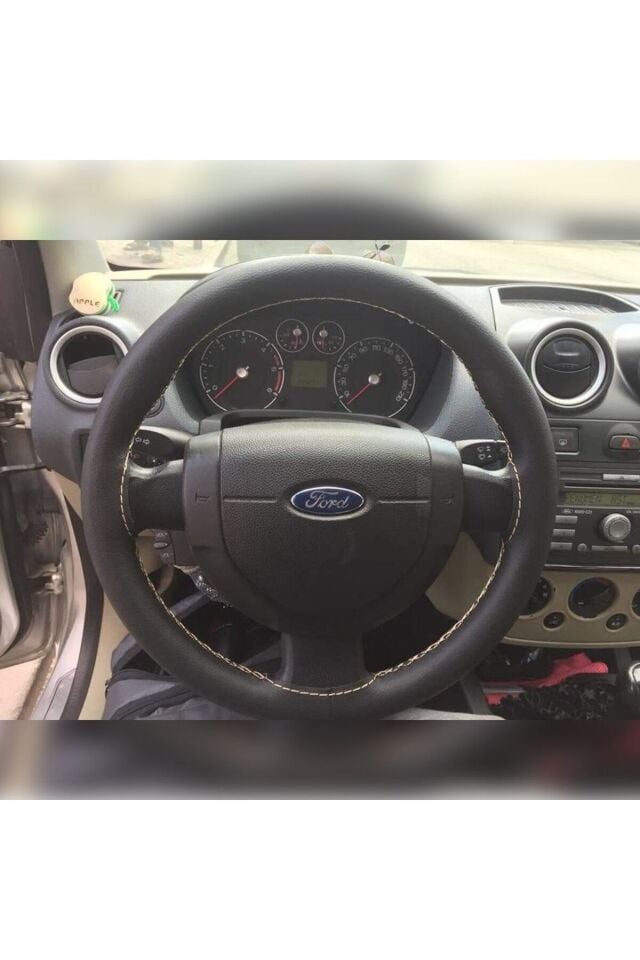Dikişli Deri Direksiyon Kılıfı Damarlı Siyah Deri Bej Dikişli Ford Fiesta Fusion İçin