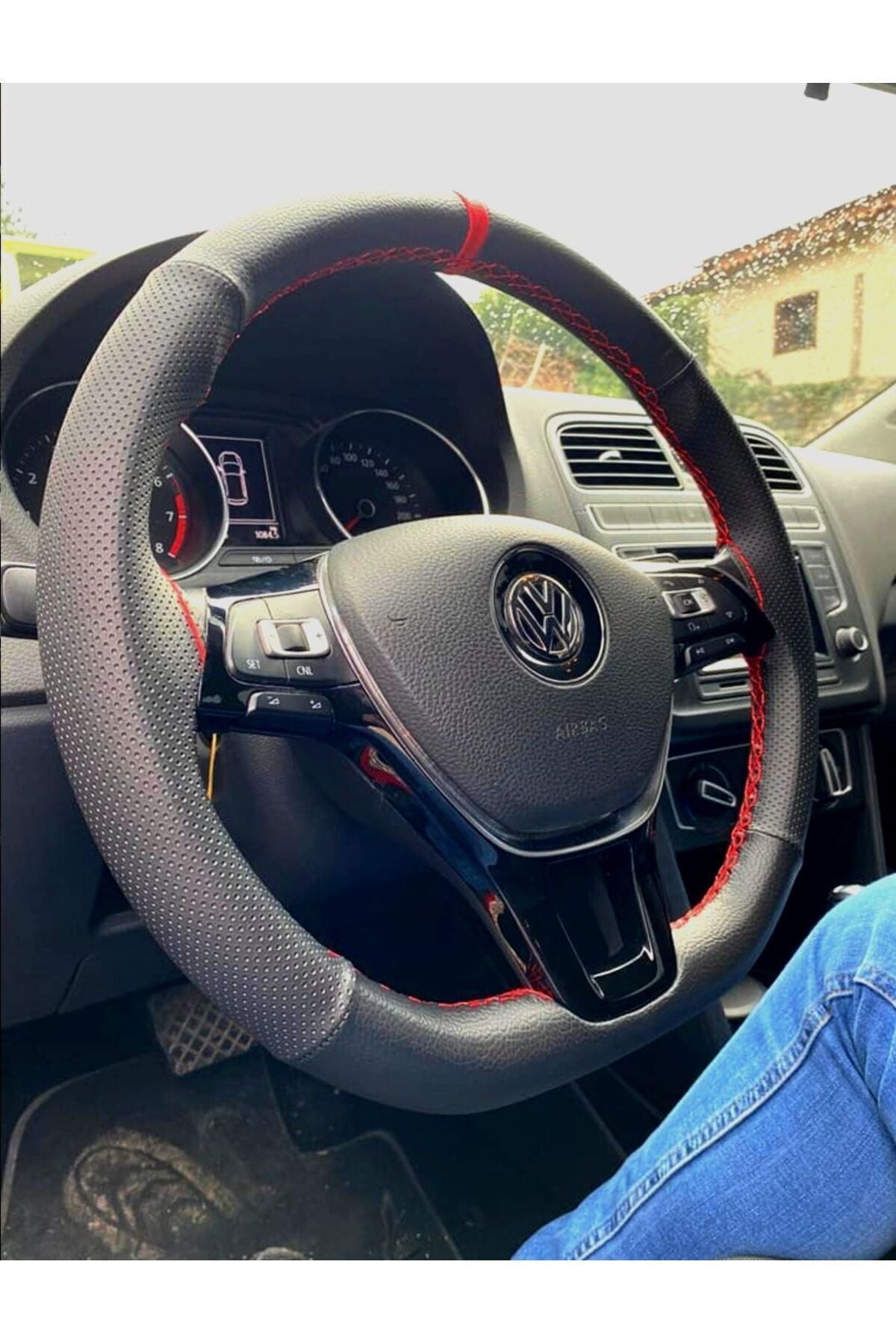 Dikişli Deri Direksiyon Kılıfı Vw Grubu Icin Damarlı/noktalı Kırmızı Yüzük/kırmızı Dikiş Karg