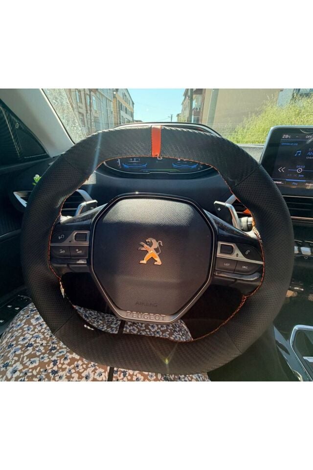 DİKİŞLİ DİREKSİYON KILIFI KARBON / NOKTA DERİ TURUNCU YÜZÜK TURUNCU DİKİŞ PEUGEOT 2008 3008 İÇİN
