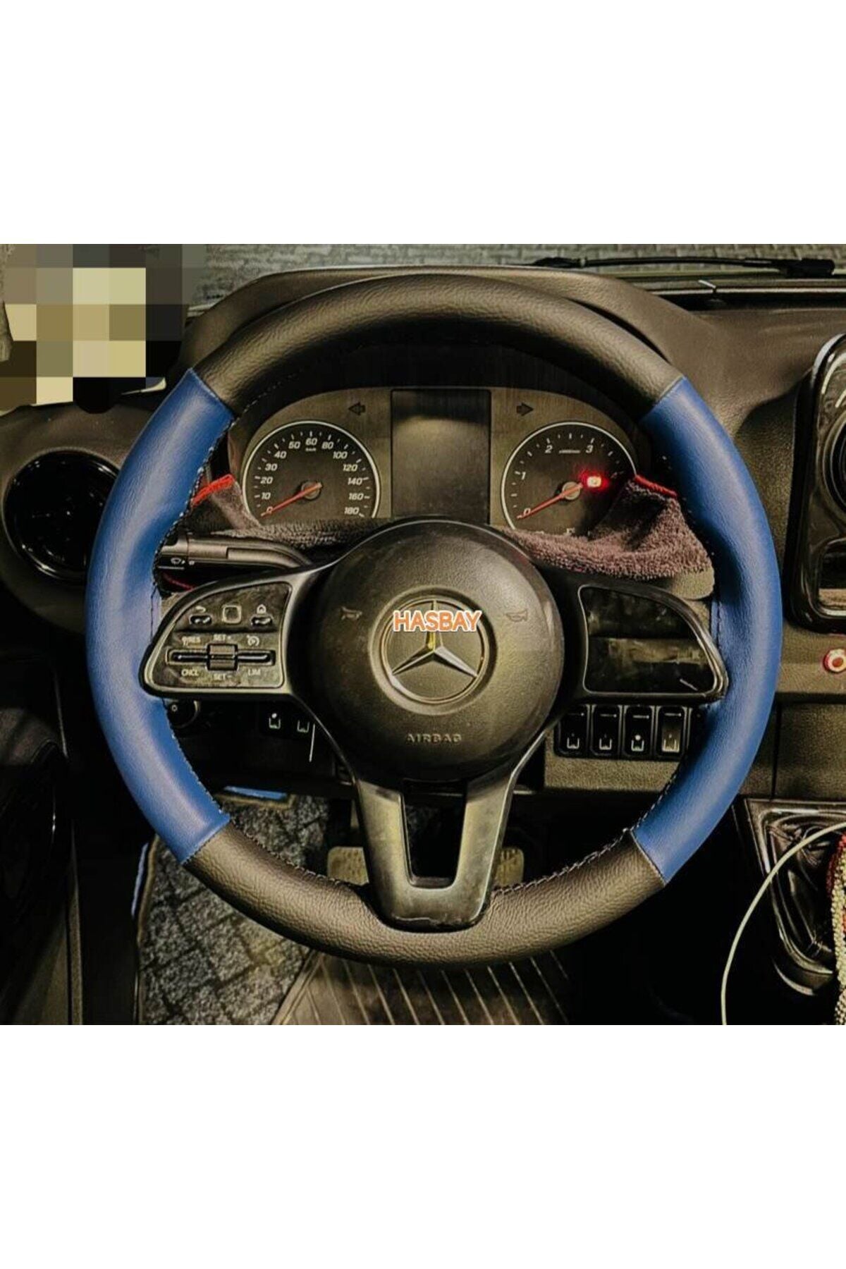 DİKİŞLİ DİREKSİYON KILIFI SİYAH / MAVİ DERİ SİYAH DİKİŞLİ MERCEDES SPRİNTER VİTO İÇİN
