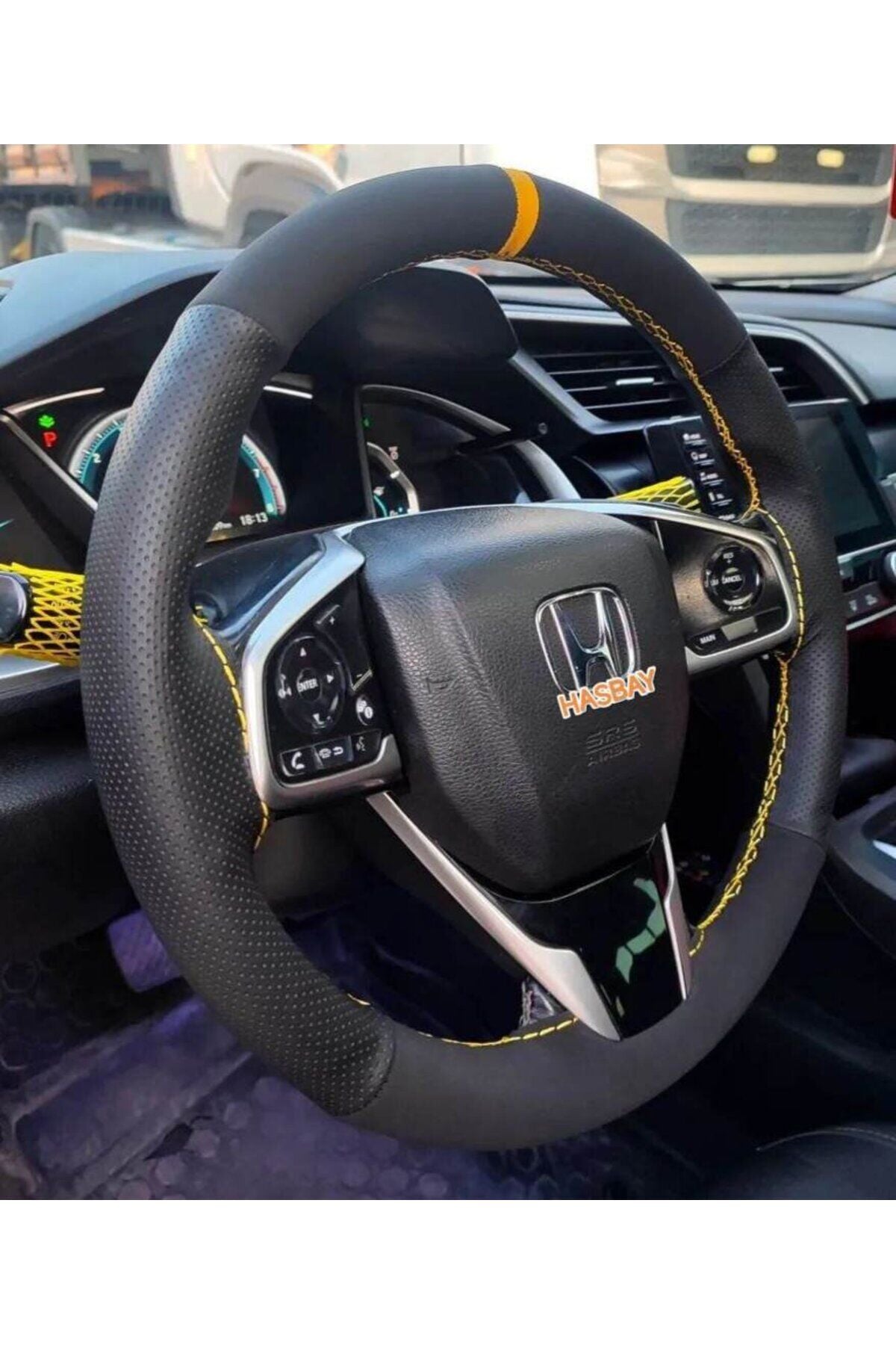 DİKİŞLİ DİREKSİYON KILIFI NUBUK / NOKTA DERİ SARI YÜZÜK SARI DİKİŞ HONDA CİVİC BU DİREKSİYON