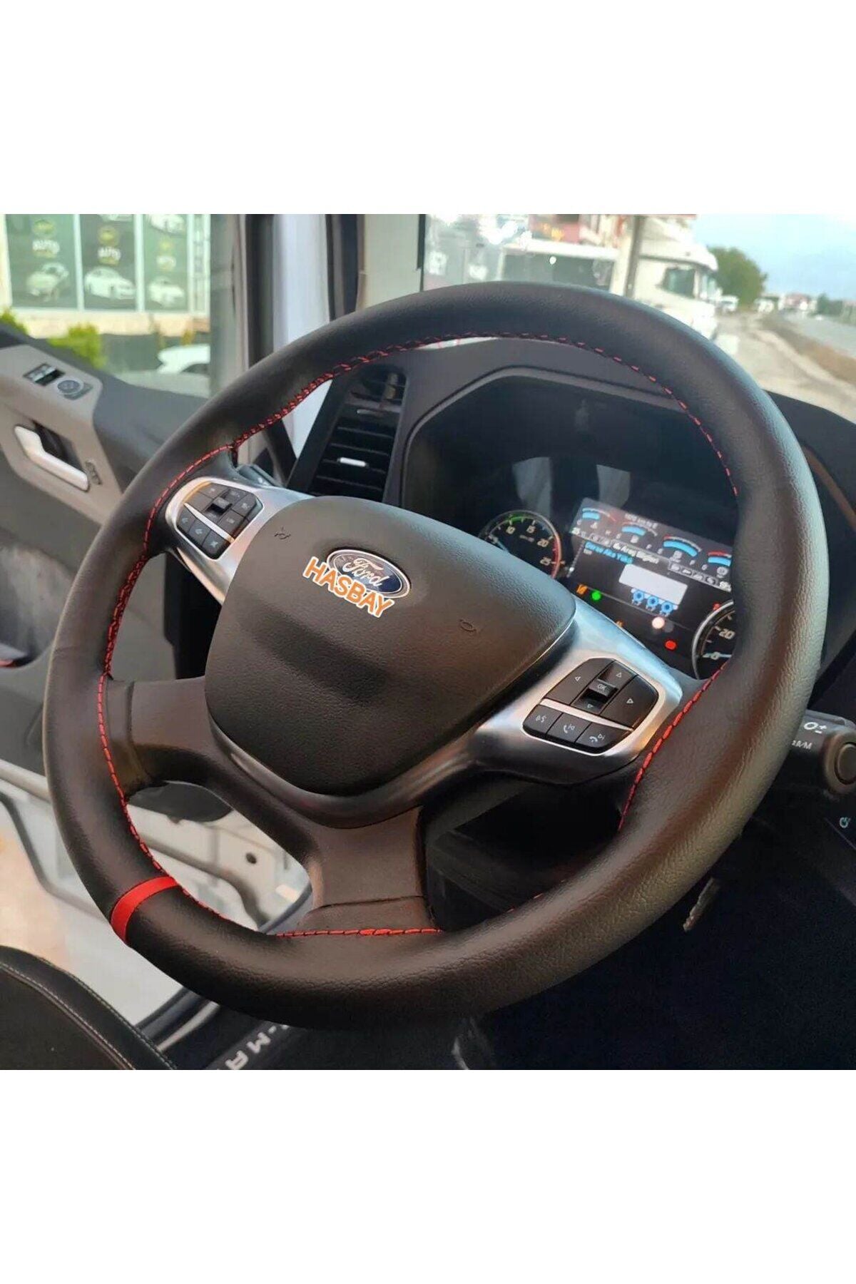 DİKİŞLİ DİREKSİYON KILIFI SİYAH DERİ KIRMIZI YÜZÜK / DİKİŞ F.ORD FMAX KAMYON TIR İÇİN