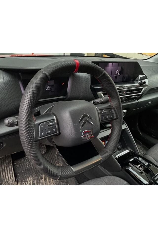 DİKİŞLİ DİREKSİYON KILIFI SİYAH / NOKTALI DERİ KIRMIZI DİKİŞLİ PEUGEOT 2008-3008 İÇİN