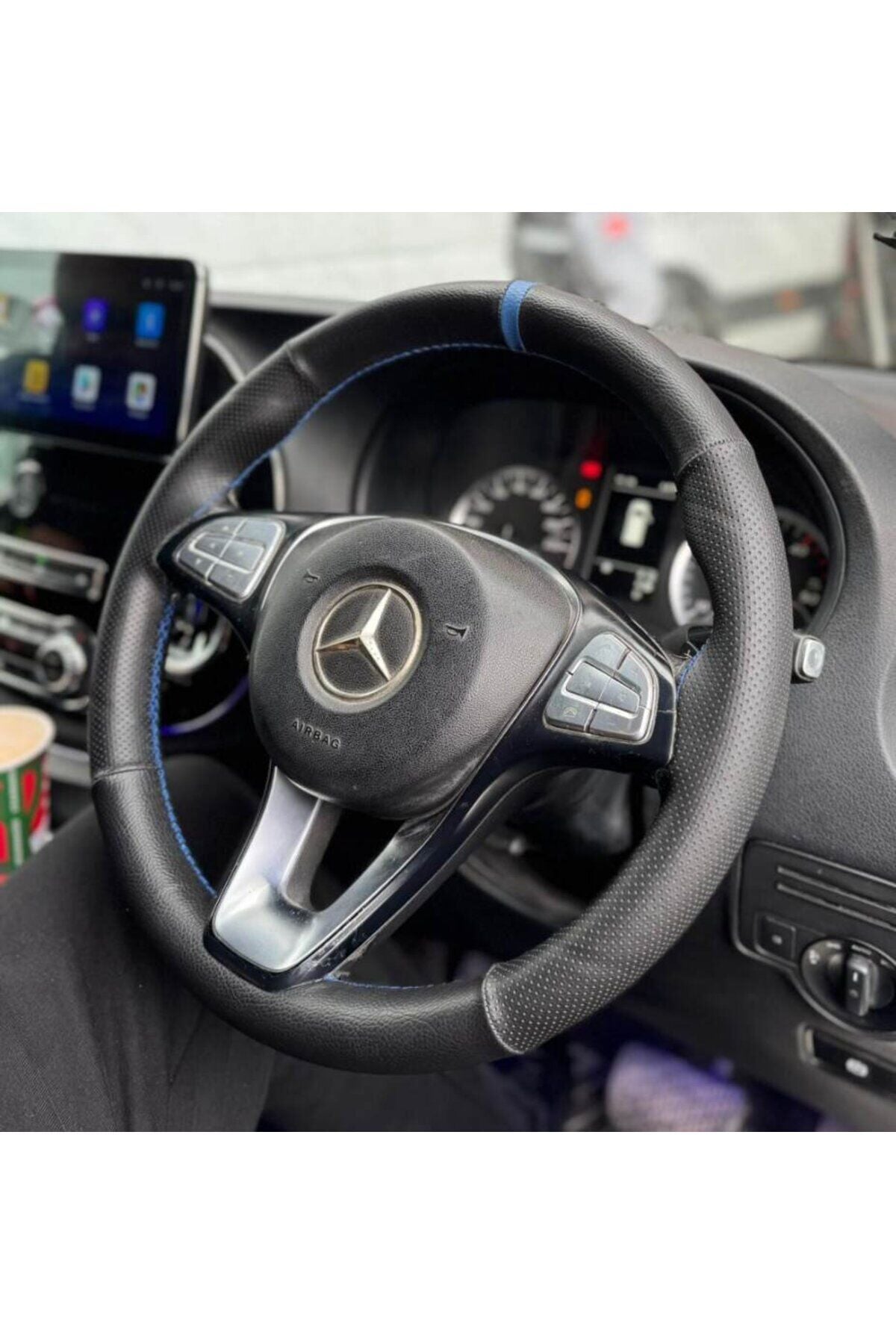 DİKİŞLİ DİREKSİYON KILIFI SİYAH / NOKTALI DERİ MAVİ YÜZÜK / DİKİŞ MERCEDES VİTO