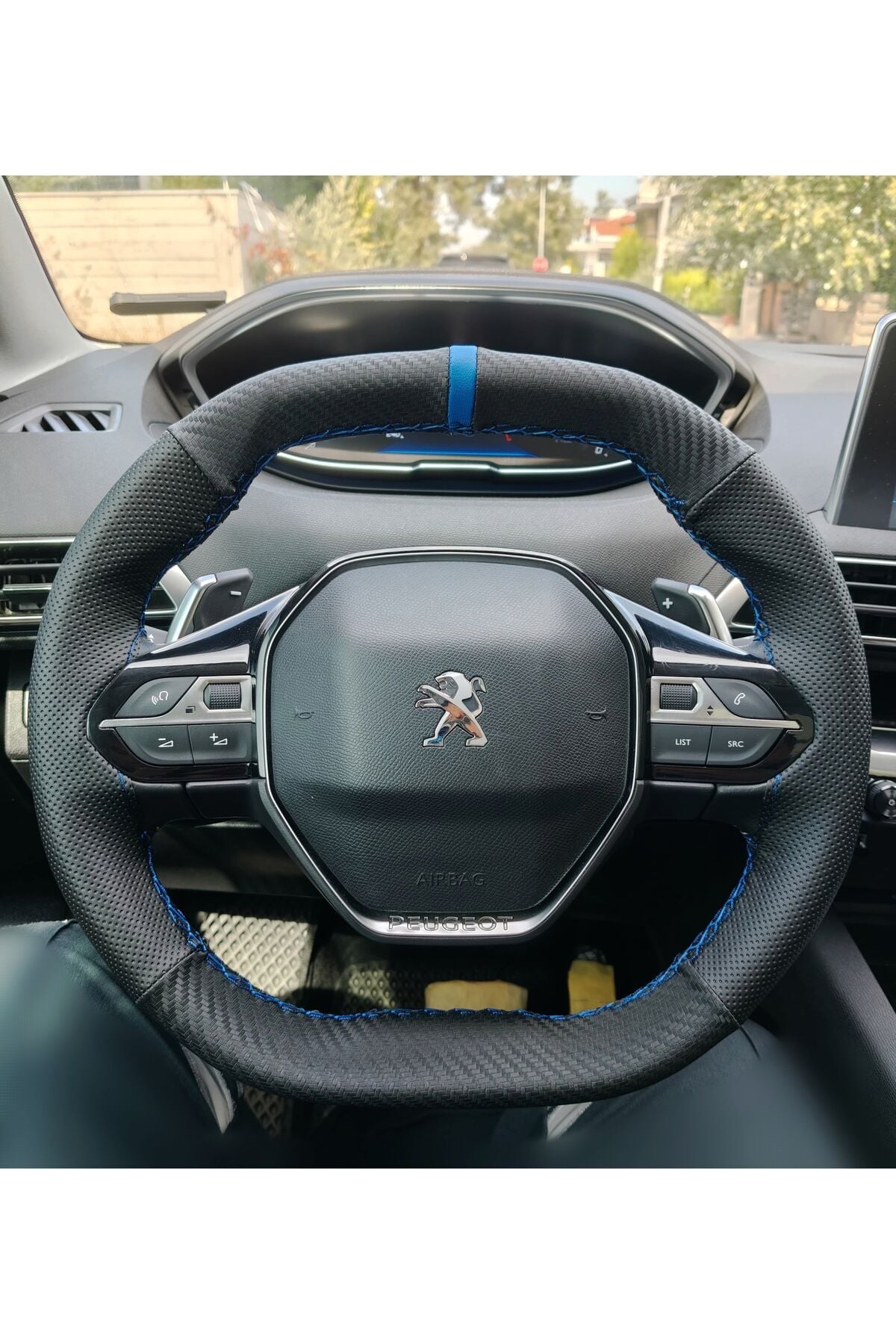 DİKİŞLİ DİREKSİYON KILIFI KARBON NOKTALI MAVİ YÜZÜK MAVİ DİKİŞLİ PEUGEOT 3008 2008
