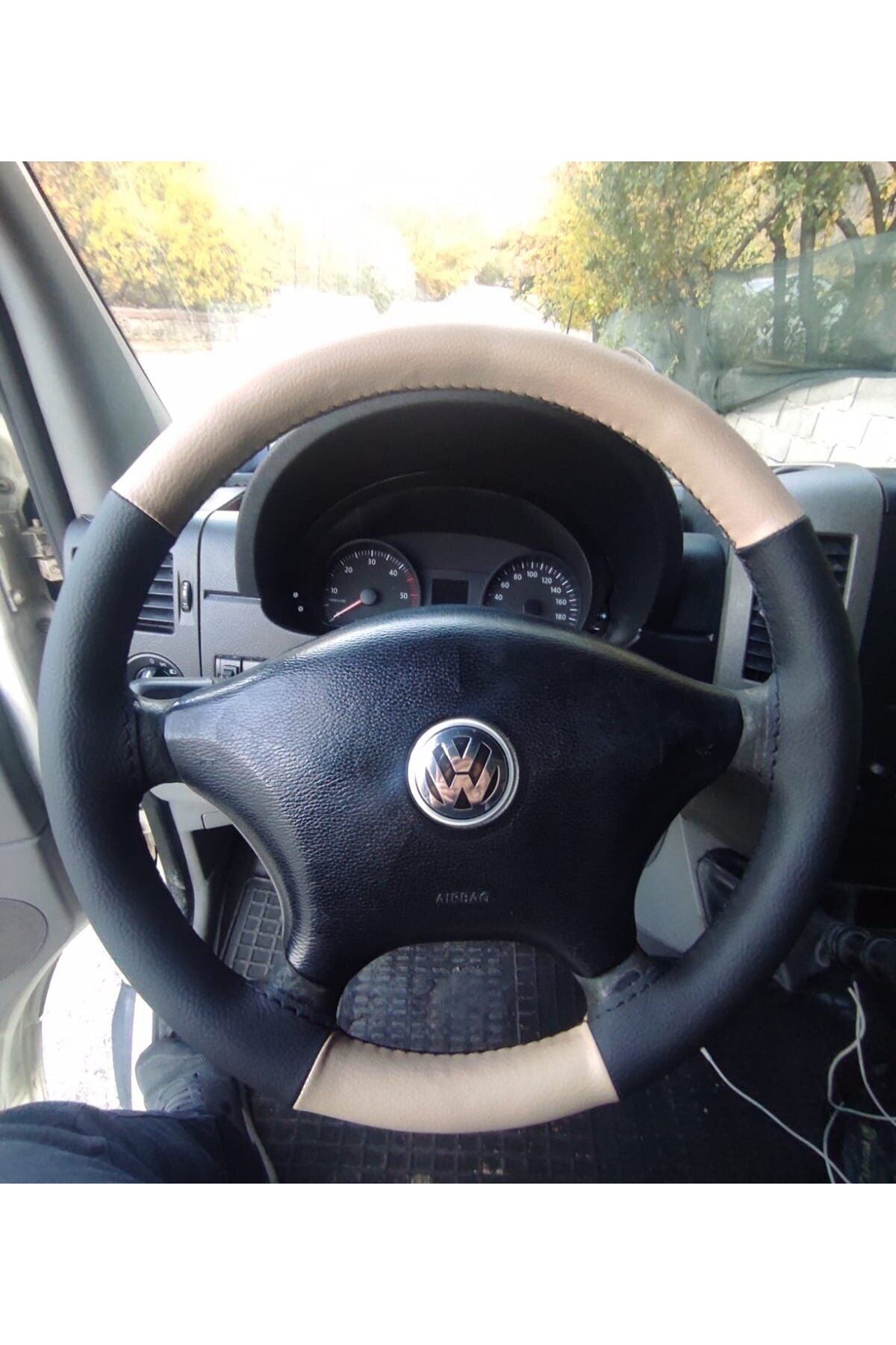 DİKİŞLİ DİREKSİYON KILIFI KREM SİYAH VW CRAFTER ÇIKINTISIZ DİREKSİYON İÇİN