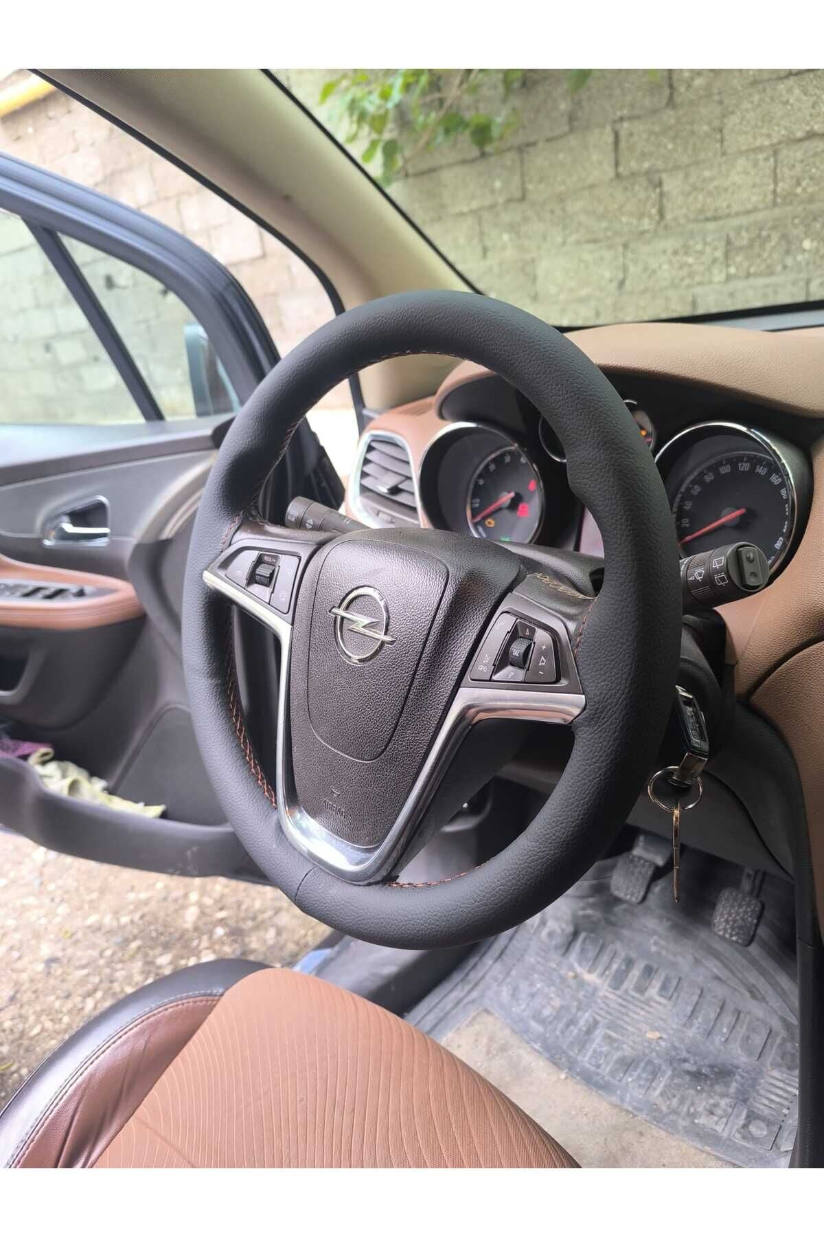 Dikişli Direksiyon Kılıfı Siyah Deri Kahve Dikişli Opel Mokka İçin