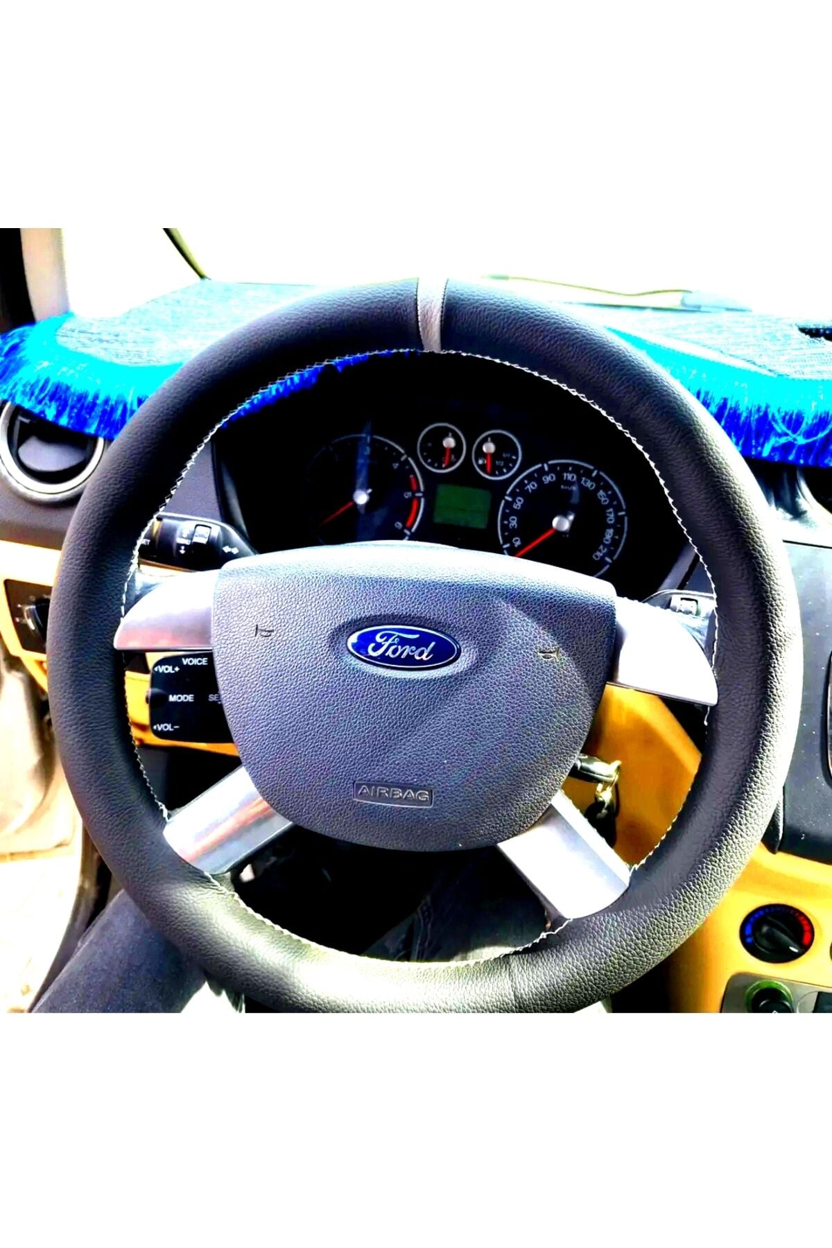 DİKİŞLİ DİREKSİYON KILIFI SİYAH DERİ GRİ YÜZÜK GRİ DİKİŞLİ FORD CONNECT İÇİN