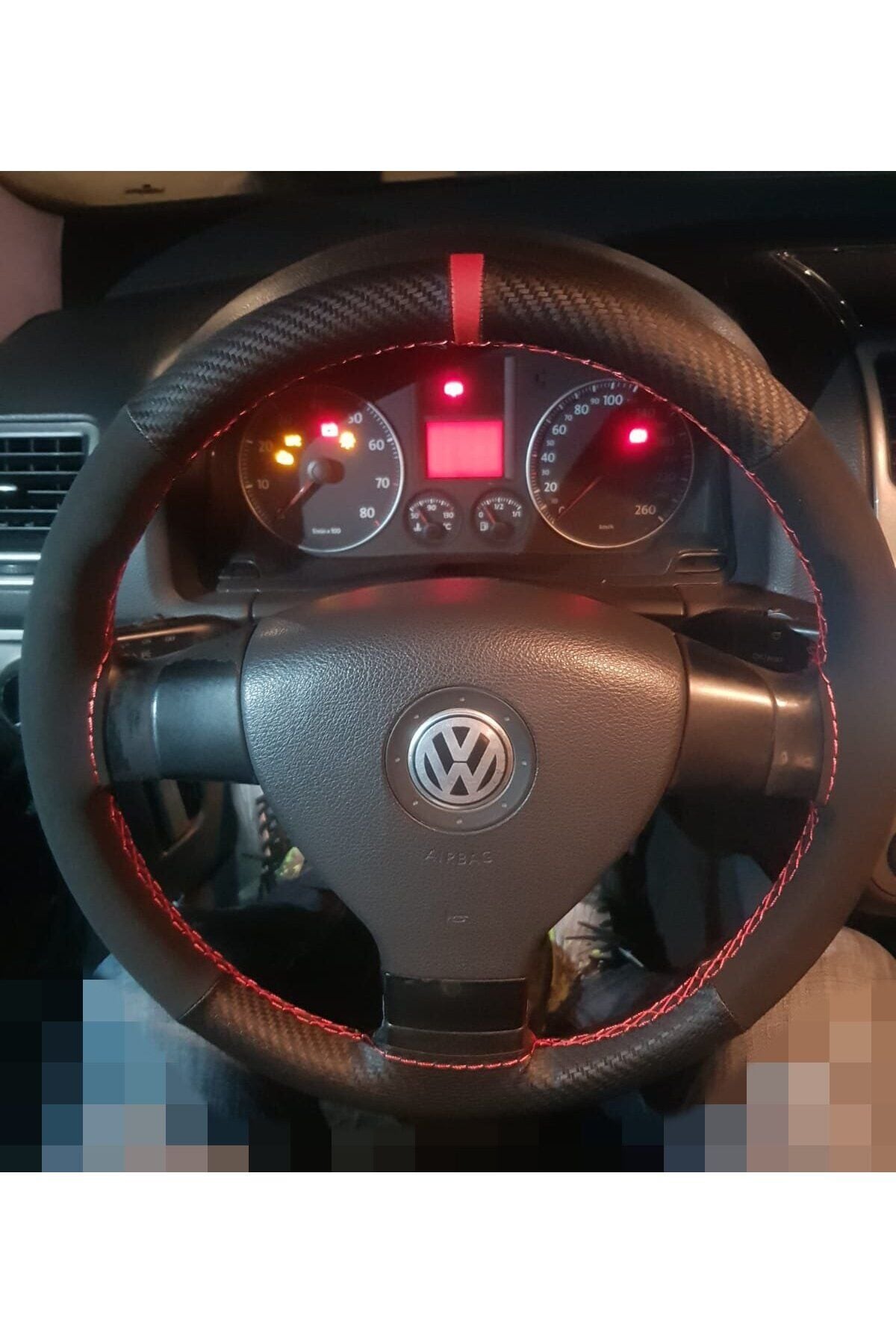DİKİŞLİ DİREKSİYON KILIFI KARBON NUBUK KIRMIZI YÜZÜK KIRMIZI DİKİŞLİ VW GOLF PASSAT