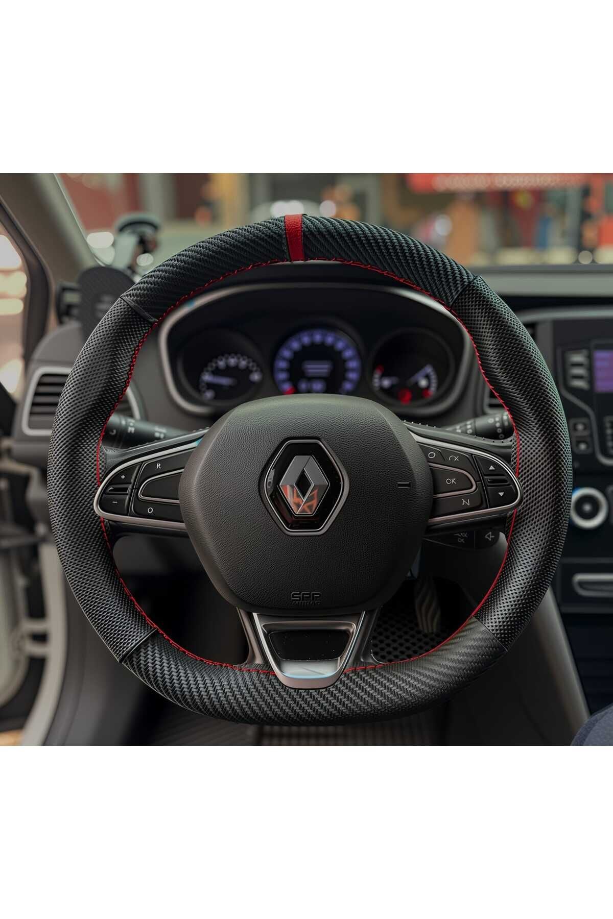 DİKİŞLİ DİREKSİYON KILIFI NOKTALI / KARBON DERİ KIRMIZI YÜZÜK KIRMIZI DİKİŞ MEGANE 4 İÇİN