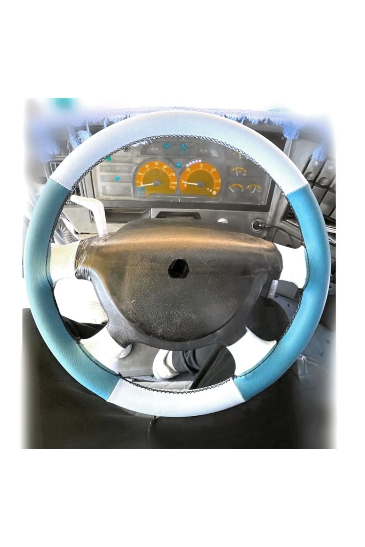 DİKİŞLİ DİREKSİYON KILIFI AÇIK MAVİ/ BEYAZ SİYAH DİKİŞLİ RENAULT PREMİUM TIR KAMYON İÇİN