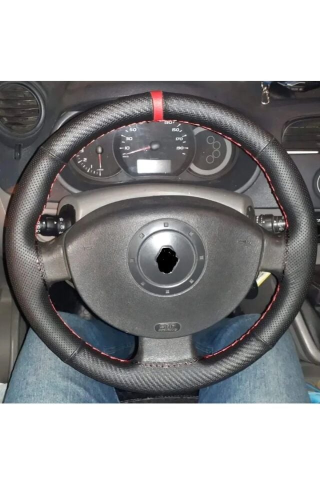DİKİŞLİ DİREKSİYON KILIFI NOKTALI DERİ KARBON DERİ KIRMIZI YÜZÜK KIRMIZI DİKİŞLİ RENAULT MEGANE2