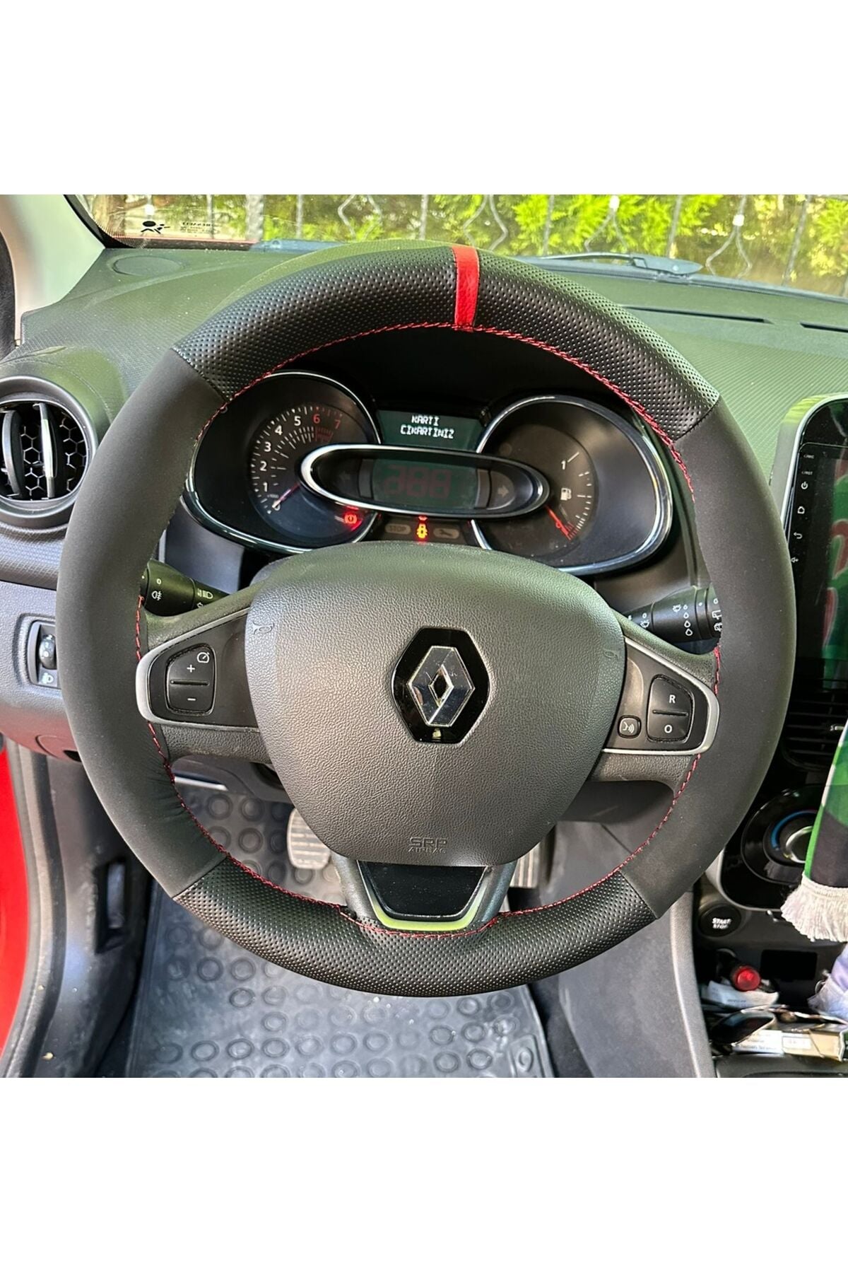 DİKİŞLİ DİREKSİYON KILIFI NOKTALI / NUBUK DERİ KIRMIZI YÜZÜK KIRMIZI DİKİŞLİ RENAULT CLİO 4 İÇİN