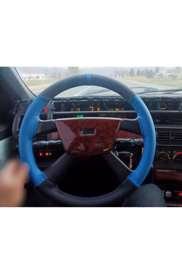 DİKİŞLİ DİREKSİYON KILIFI SİYAH DERİ MAVİ DERİ MAVİ YÜZÜK MAVİ DİKİŞLİ FIAT TEMPRA İÇİN