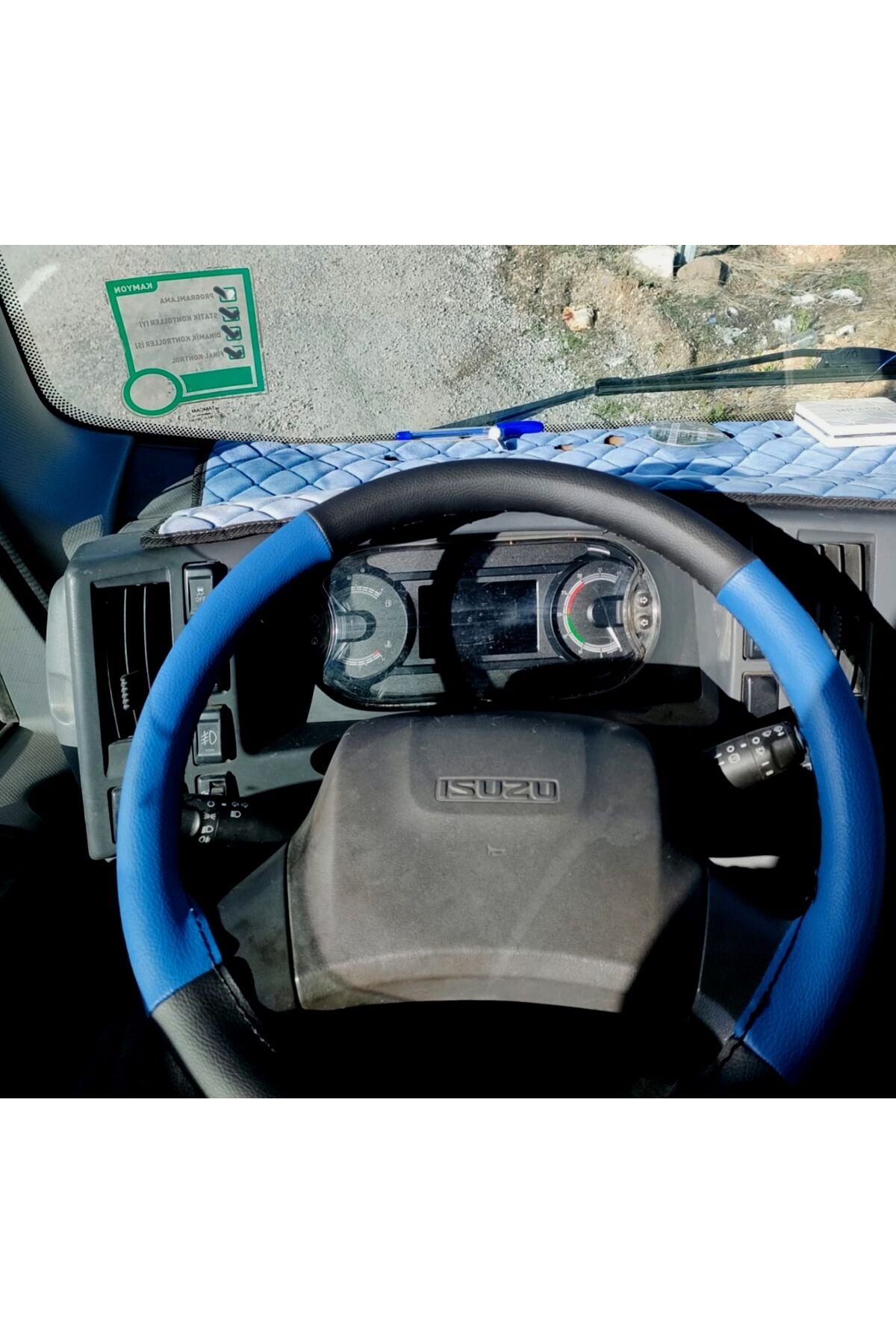 DİKİŞLİ DİREKSİYON KILIFI SİYAH DERİ MAVİ DERİ SİYAH DİKİŞLİ ISUZU NPR LONG 10 İÇİN