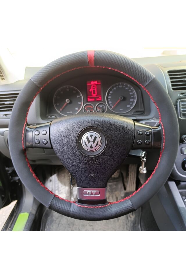 DİKİŞLİ DİREKSİYON KILIFI KARBON NUBUK KIRMIZI YÜZÜK / DİKİŞLİ VOLKSWAGEN GOLF 2006 KASA