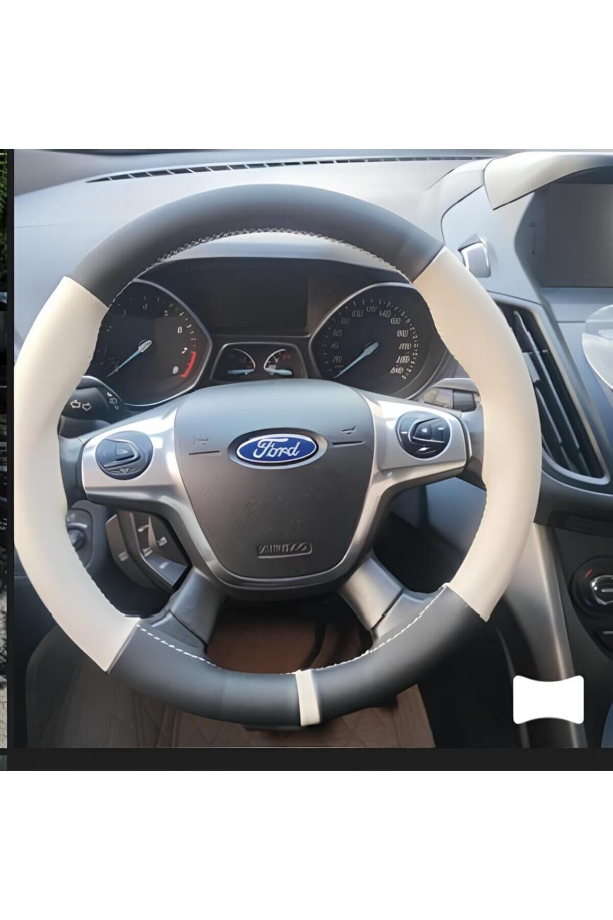 Dikişli Direksiyon Kılıfı Siyah Bej Deri Bej Yüzük / Dikişli Ford 2012-13-14 Için