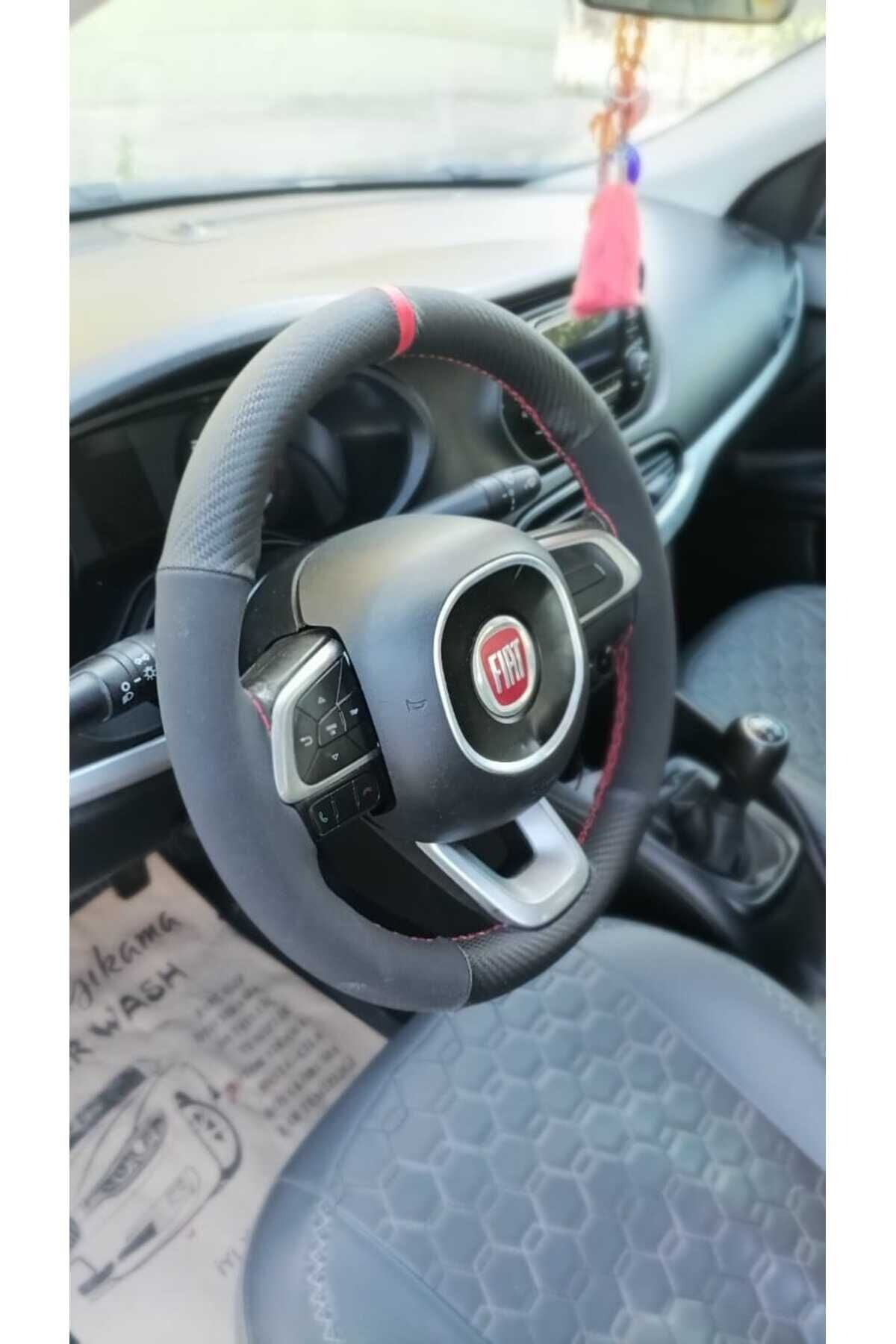 FIAT EGEA DERİ DİREKSİYON KILIFI ;KARBON NUBUK KIRMIZI YÜZÜK KIRMIZI İP