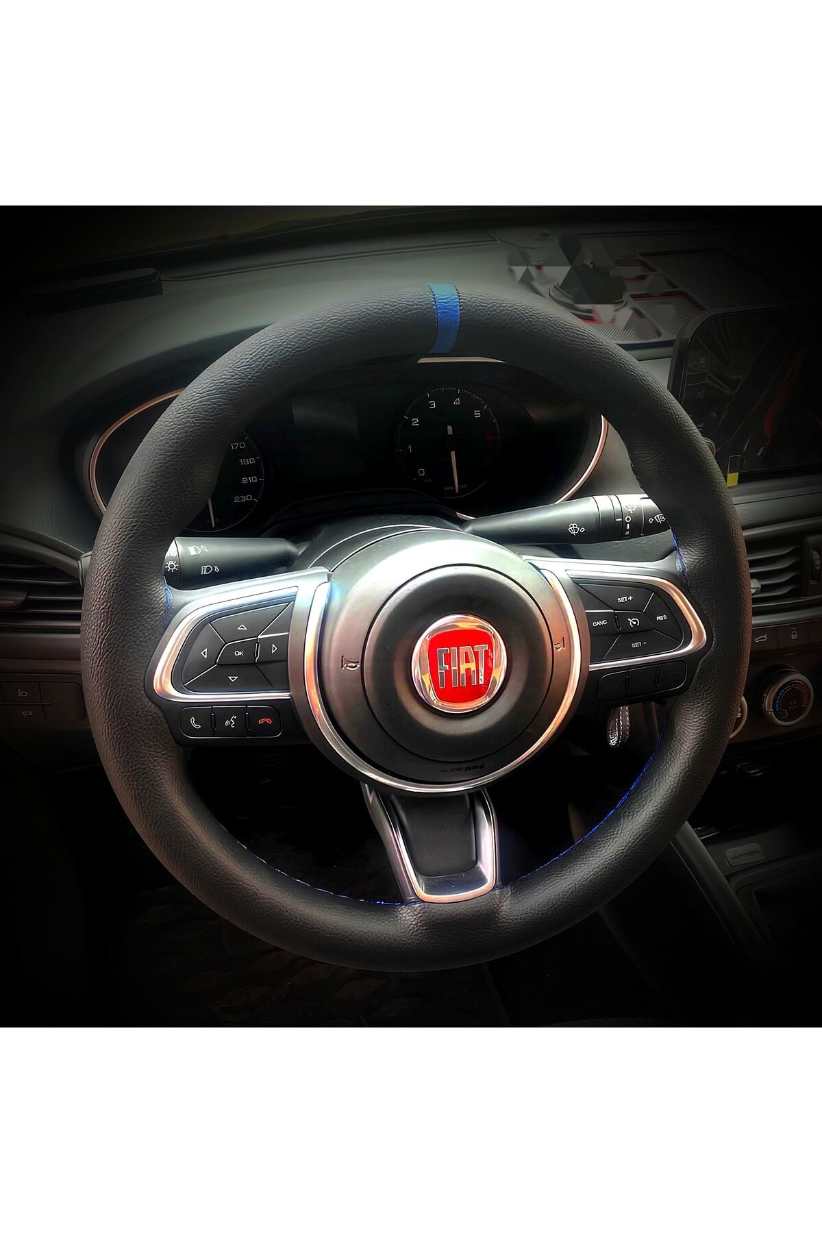DİKİŞLİ DİREKSİYON KILIFI İTHAL SİYAH DERİ MAVİ YÜZÜK MAVİ DİKİŞLİ FIAT EGEA İÇİN