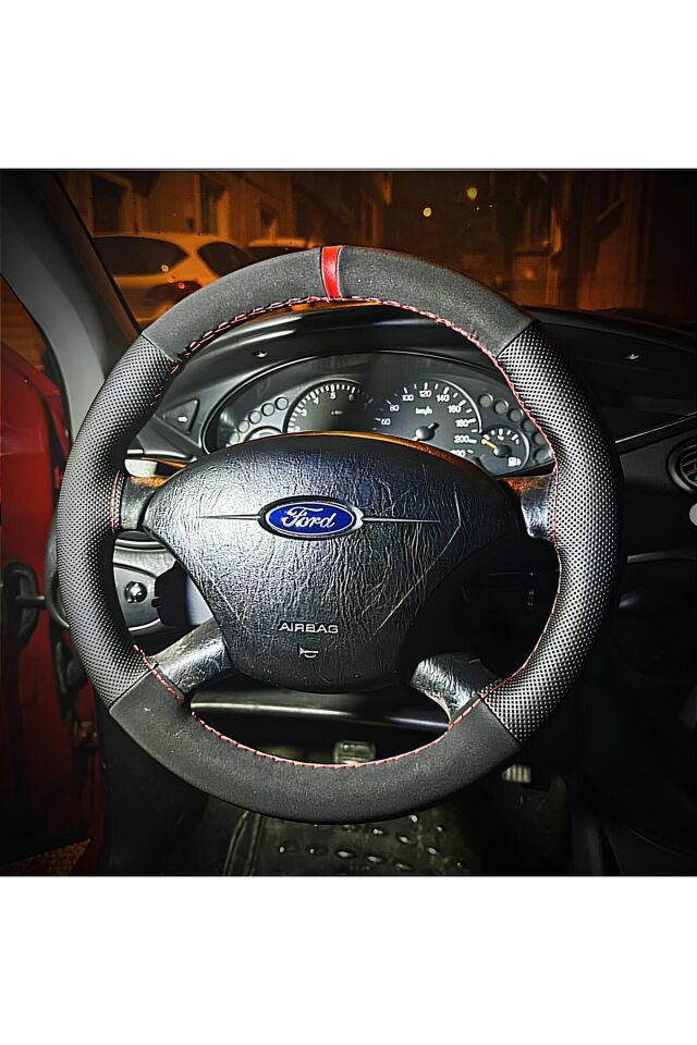 DİKİŞLİ DİREKSİYON KILIFI NUBUK / NOKTALI DERİ KIRMIZI YÜZÜK KIRMIZI DİKİŞ FORD FOCUS 1 İÇİN