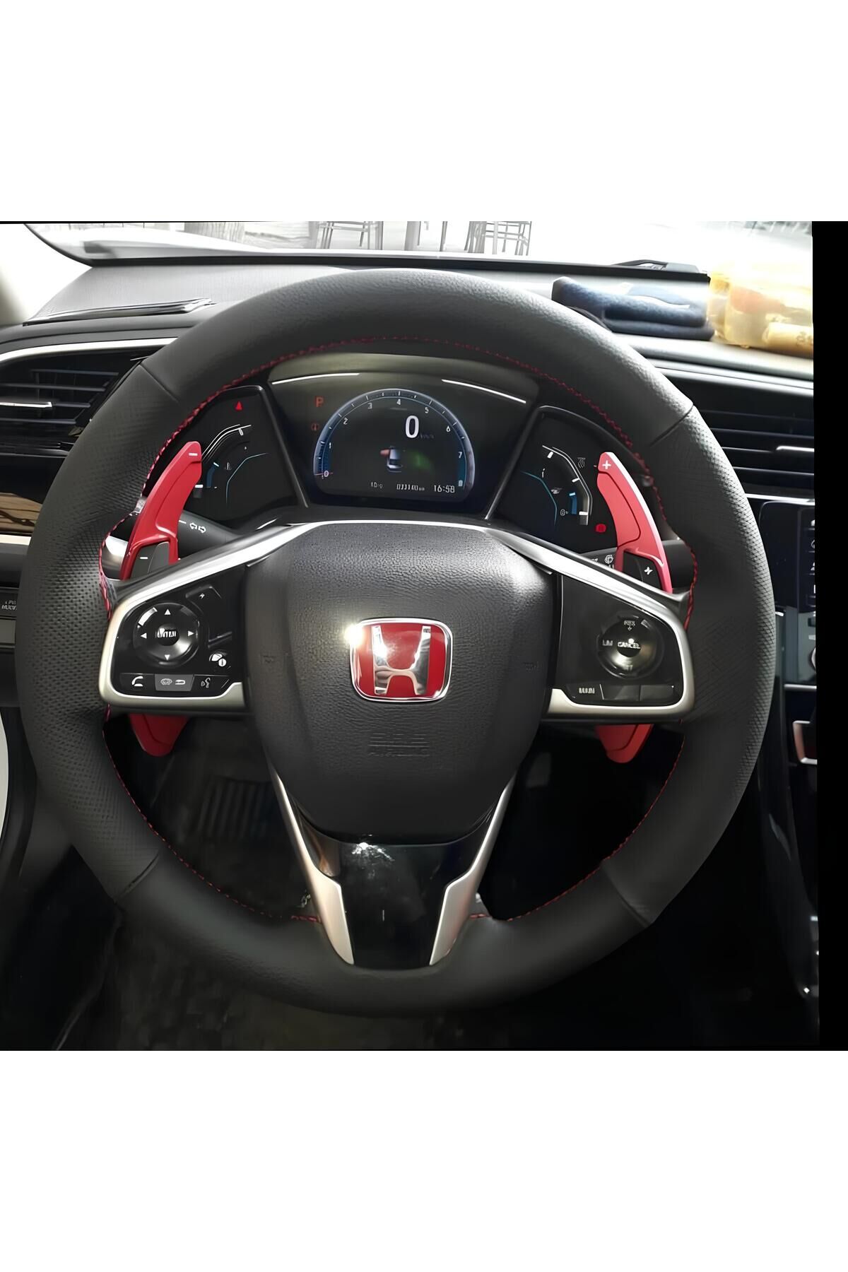 DİKİŞLİ DİREKSİYON KILIFI SİYAH DERİ NOKTALI DERİ KIRMIZI DİKİŞLİ HONDA CİVİC FC5 İÇİN
