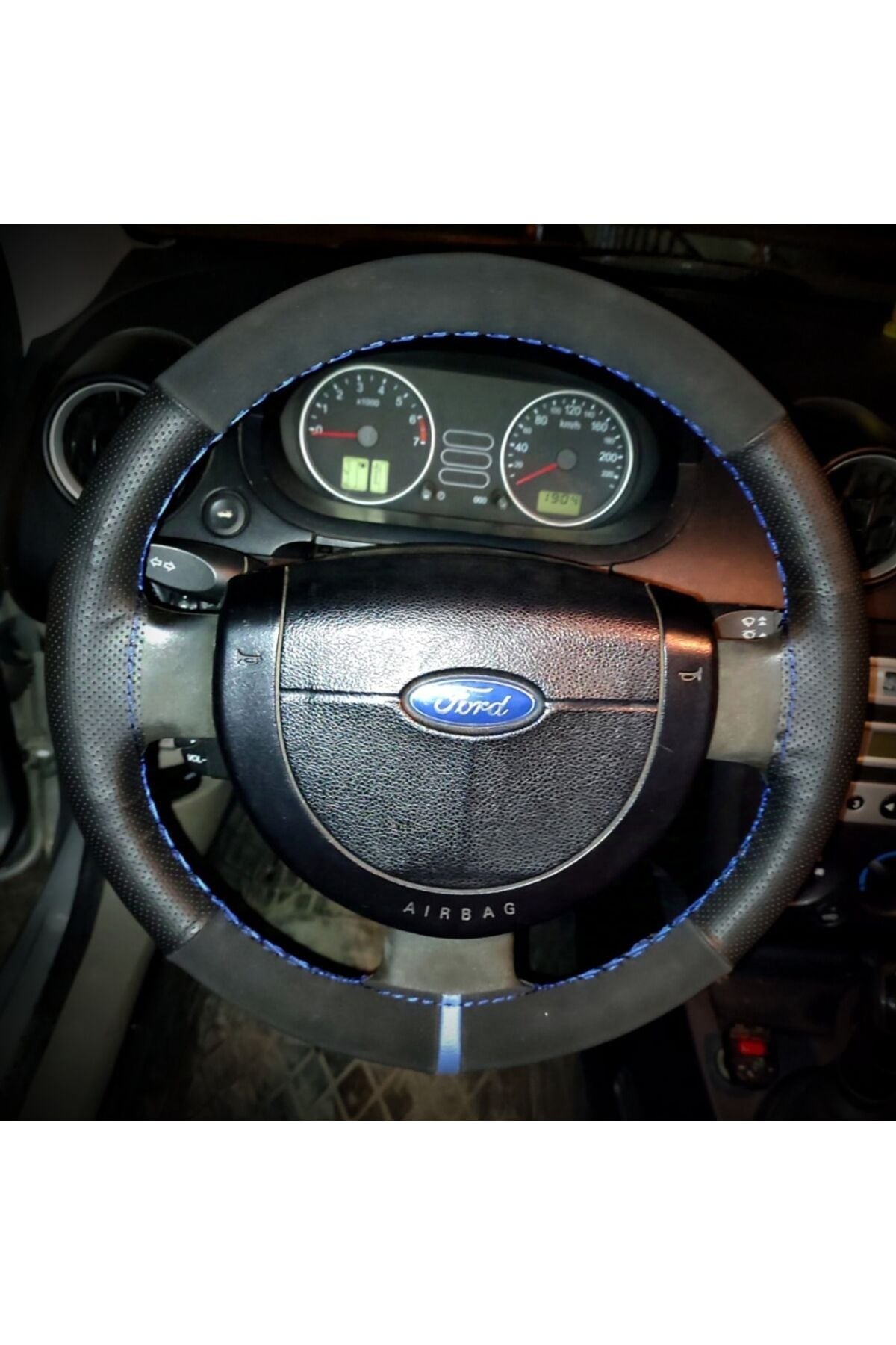 DİKİŞLİ DİREKSİYON KILIFI NUBUK DERİ NOKTALI DERİ MAVİ YÜZÜK / DİKİŞ FORD CONNECT İÇİN