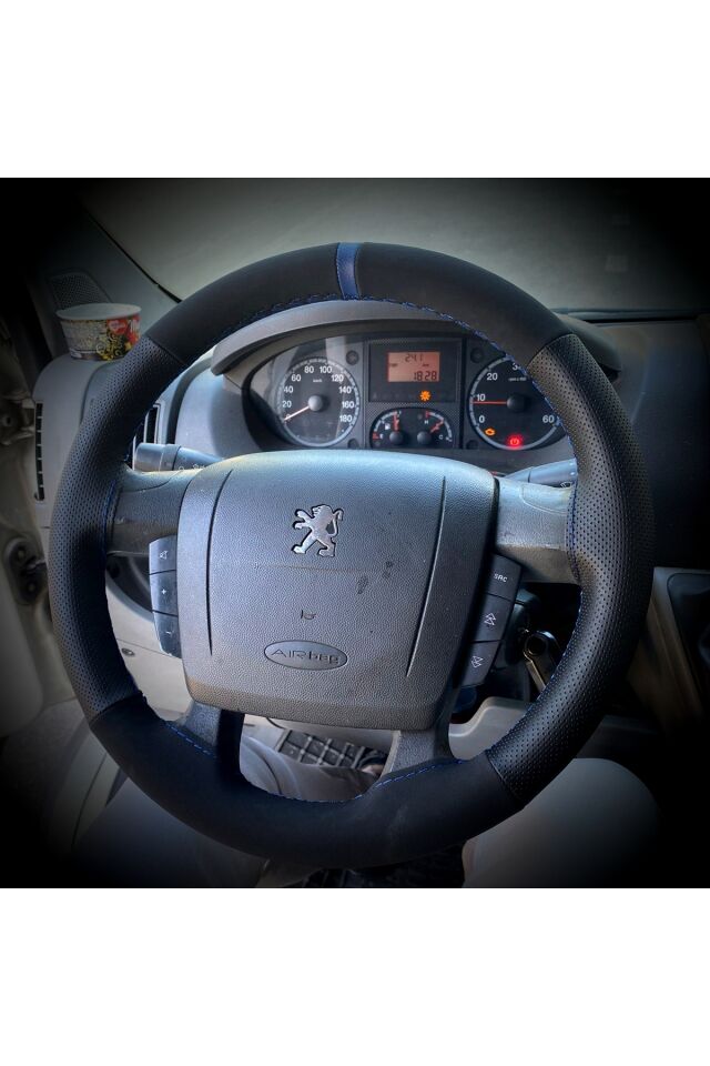 DİKİŞLİ DİREKSİYON KILIFI NUBUK NOKTALI DERİ MAVİ YÜZÜK MAVİ DİKİŞLİ PEUGEOT BOXER İÇİN