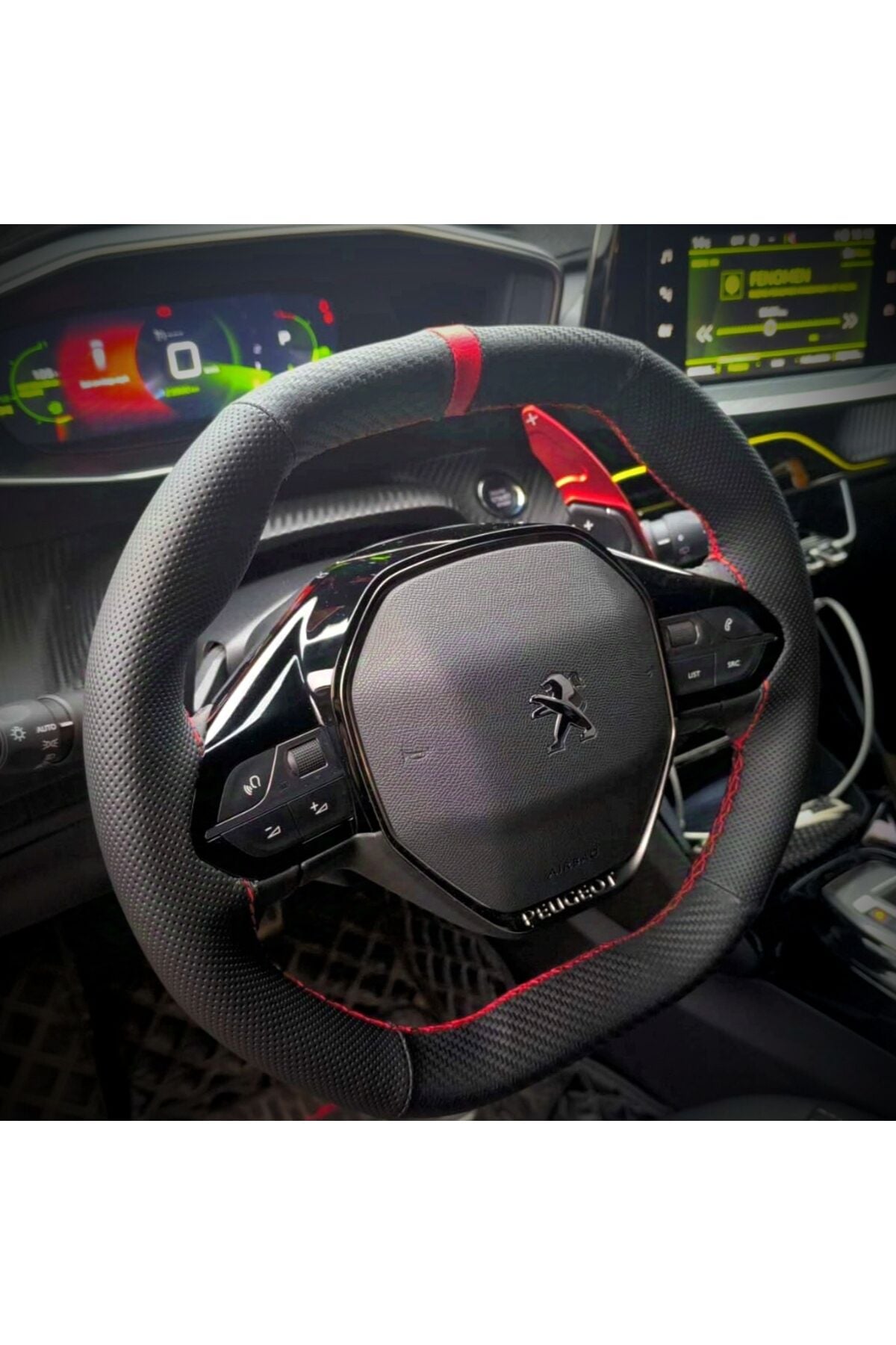 DİKİŞLİ DİREKSİYON KILIFI KARBON NOKTA DERİ KIRMIZI YÜZÜK/DİKİŞLİ PEUGEOT 3008 2008