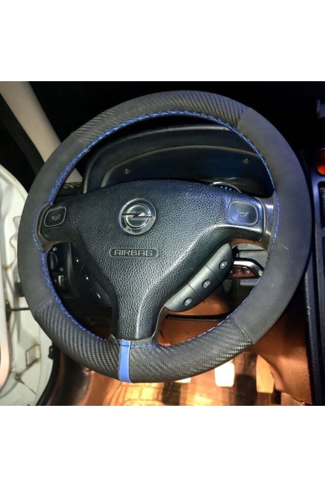 DİKİŞLİ DİREKSİYON KILIFI KARBON NUBUK DERİ MAVİ YÜZÜK MAVİ DİKİŞLİ OPEL ASTRA