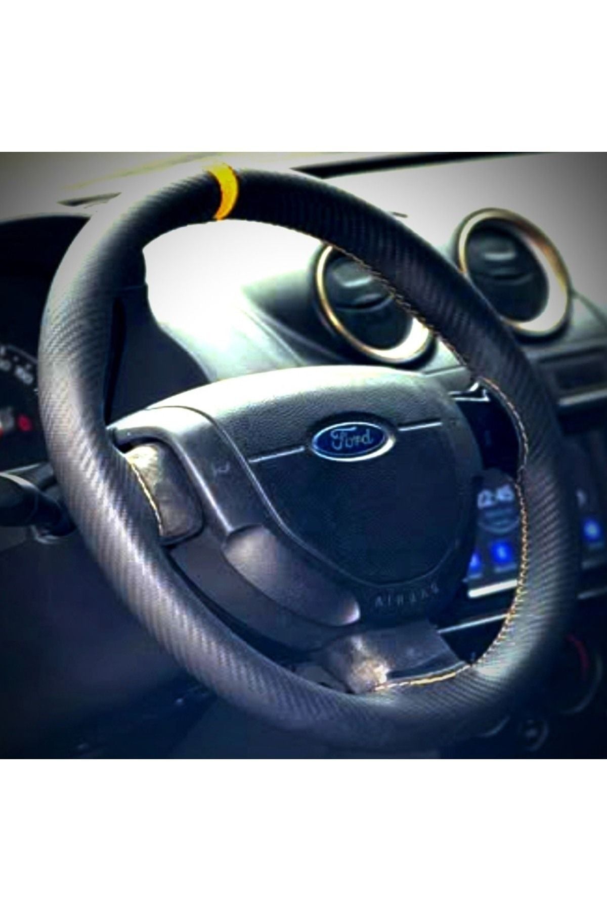 DİKİŞLİ DİREKSİYON KILIFI KARBON DERİ SARI YÜZÜK SARI DİKİŞLİ FORD FİESTA İÇİN