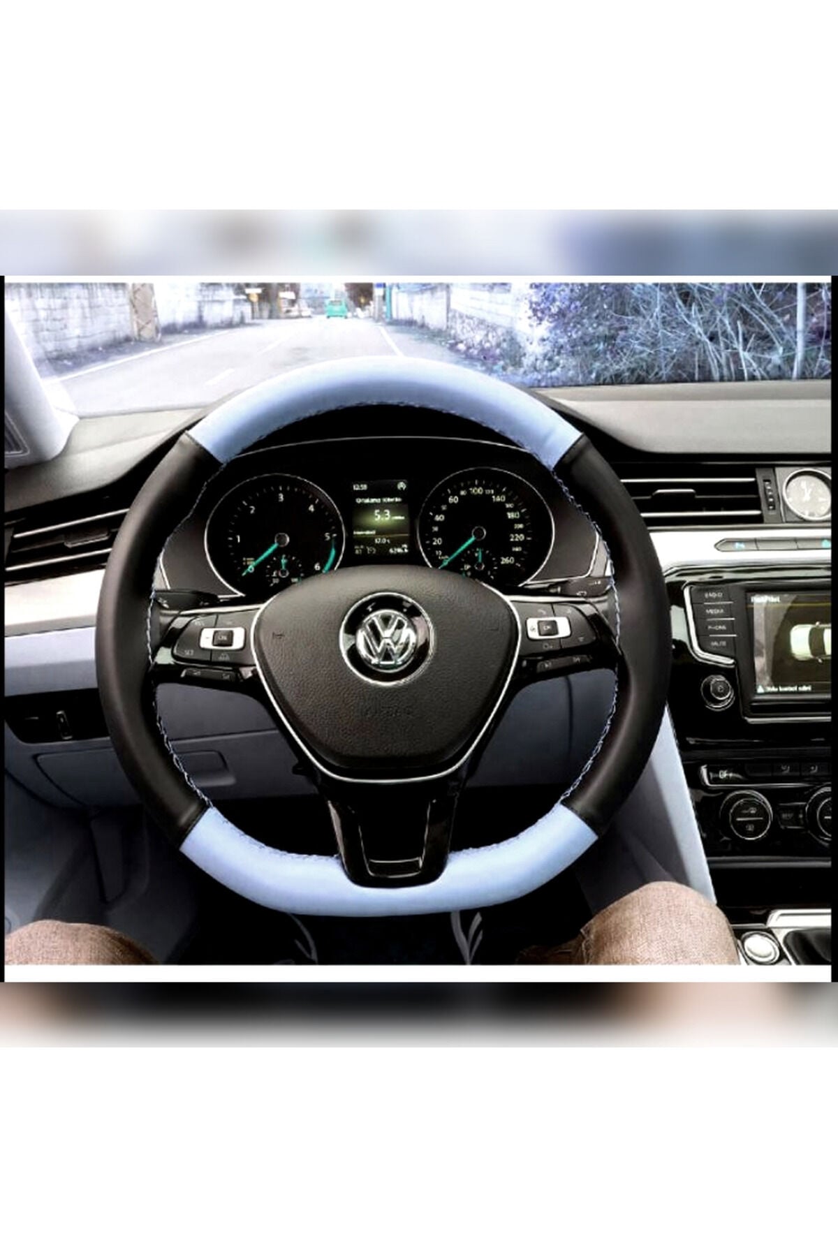 DİKİŞLİ DİREKSİYON KILIFI SİYAH/GRİ DERİ SİYAH DİKİŞLİ VOLKSWAGEN JETTA İÇİN