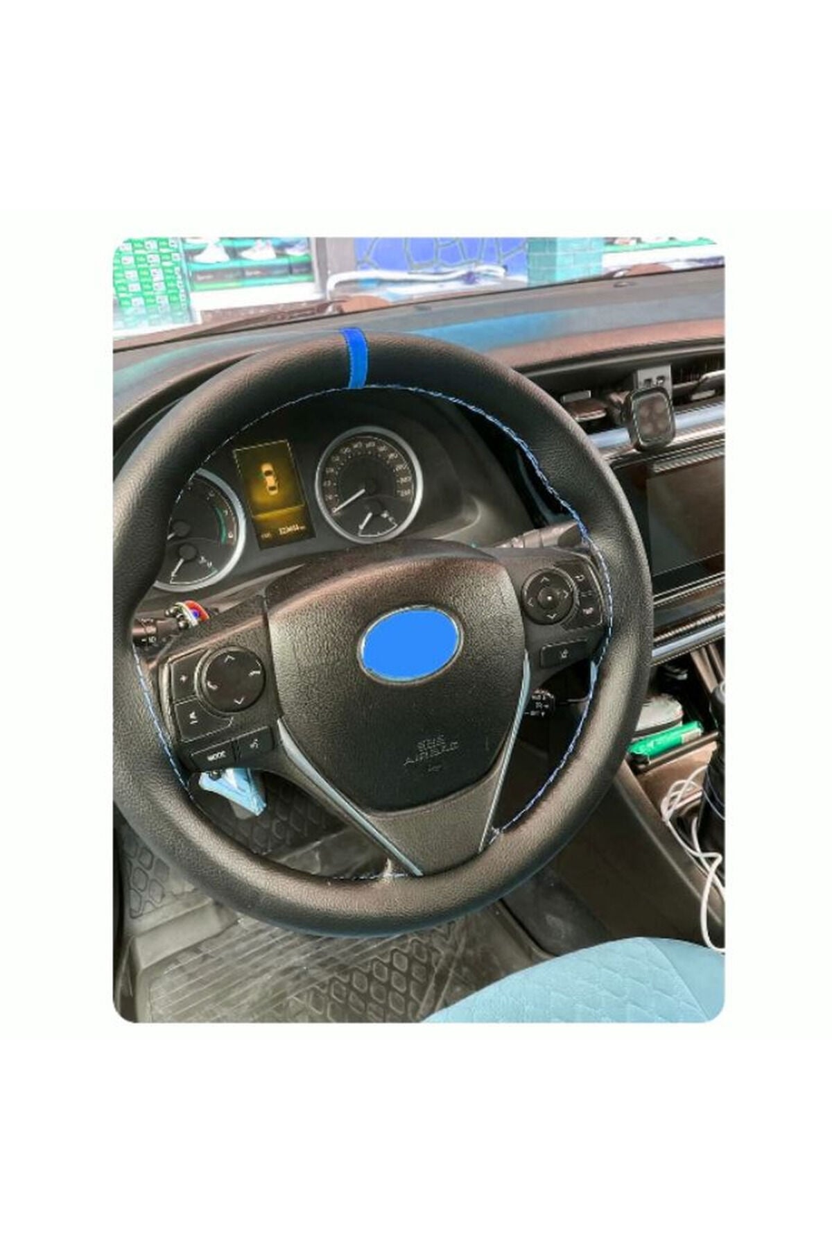 DİKİŞLİ DİREKSİYON KILIFI SİYAH DERİ MAVİ YÜZÜK/DİKİŞLİ TOYOTA COROLLA İÇİN