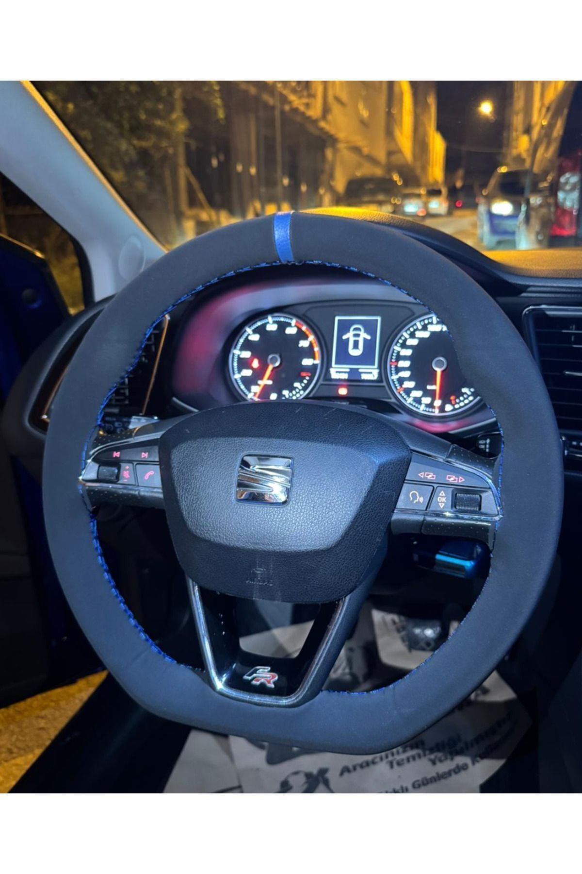 DİKİŞLİ DİREKSİYON KILIFI NUBUK DERİ MAVİ YÜZÜK MAVİ DİKİŞLİ SEAT LEON İÇİN
